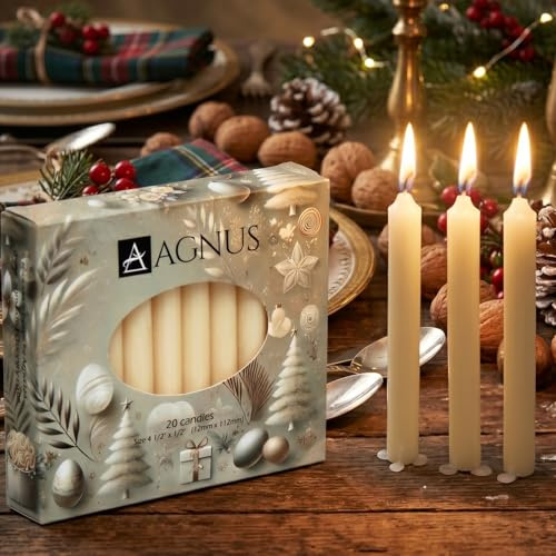 20 Champagne Christingle Candles 4.5 100% Natural Baumkerzen Ivory/Cream Chime Pyramid Christmas Tree– Smokeless, Dripless, Golden Flame – Household, Dinner Stick, Christmas Candle,