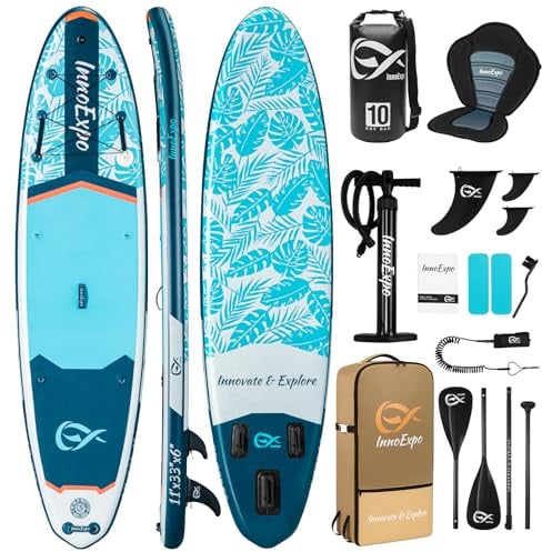 InnoExpo 335cm aufblasbares SUP, breit, stabil, rutschfest, mit Zubehör | SUP umwandelbar in Kajak, Paddel, Pumpe, Finnen, Leash, Rucksack, breite Basis, kompatibel mit Kajaksitz und Kamerahalterung