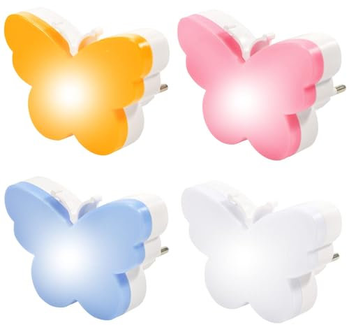 JABALUX Set de 4 Luz Nocturna Infantil, Enchufe LED de Luz Nocturna con Sensor Crepuscular y Atenuación Automática para Dormitorio, Baño, Habitación Bebé, Pasillos, Escaleras (Mariposa)