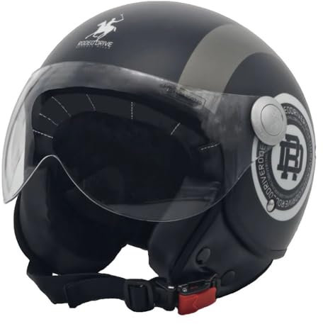 Casco Demijet Circle Rodeo Drive, Design Nero/Grigio Opaco, con Visiera (M)