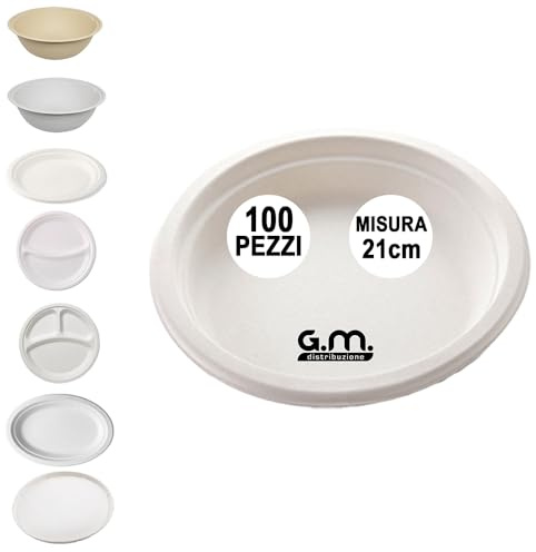G.M. DISTRIBUZIONE 100 Piatti Fondo/Ciotola Bianchi in Polpa di Cellulosa 21cm, Ideale per Cibi Caldi e Freddi, Piatti Imperameabili Usa e Getta Adatti al Microonde, Biodegradabili e Compostabili