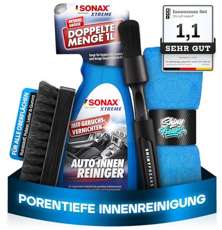 SONAX XTREME (1L) Innenraumreiniger Auto + Bürste + chemicalworkz Pinsel + Shiny Freaks Mikrofasertuch - Auto Innenraum Reiniger, Kunststoff, Polster, Leder, Cockpitpflege, Auto Reinigungsset