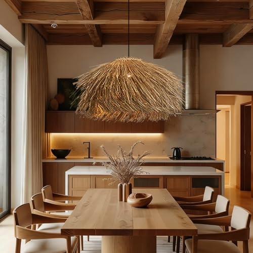 PANNN Pendelleuchte E27 Kreative Hängeleuchte Rattan Chandelier Vintage Rattan Lampenschirm Bohemian-Stil Esstisch Lamp Handgewebte Kronleuchter In Hutform Geeignet Für Die Esszimmer Wohnzimmer(40CM)