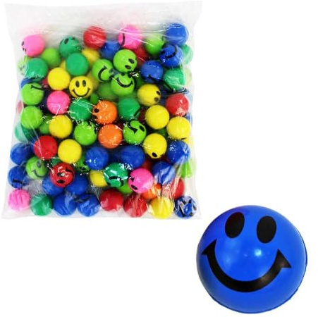 BEMIRO Smiley Flummis, 100 Stück Bunte Springbälle aus Gummi, 2,8 cm Durchmesser, 7 Farben, Kindergeburtstag Mitgebsel, Partyspielzeug für Kinder ab 3 Jahre