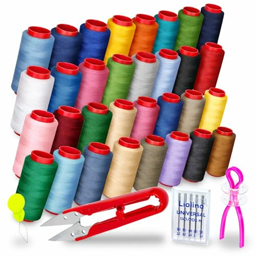 Nähgarn Set für Nähmaschine – 32 Farben je 250 m, Nähzubehör mit Nähmaschinennadeln, Fadenschere, Unterfadenspulen, Spulenhalterung & Einfädler