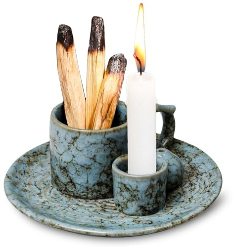 ZONSUSE Porte-Encens Multifonction 4 en 1 en Céramique, Brûleur avec Support Bougie et Récupérateur de Cendres, pour Sauge, Palo Santo, Bâtons et Cônes, Décoration Bureau Yoga Méditation (Bleu-Vert)