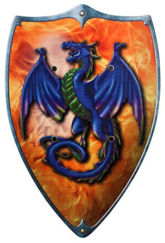 BestSaller 1161 Ritterschild Holz, 49x32cm, mit Feuer & Drache Motiv mit Ledergriff, orange/blau (1 Stück)