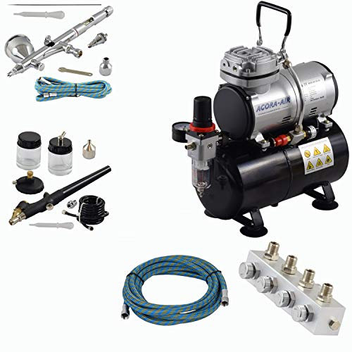Agora-Tec® Airbrush Komplett-Set PROFI XIII.3, Komplettsystem für Airbrush, inkl. Kompressor mit 4 bar, 20l/min und 3 Liter Tank + 2 Airbrushpistolen mit 0,2 & 0,3 & 0,8mm Nadeln/Düsen + regelbaren 4-fach Luftdruckverteiler + 2 Schläuche + Adapter