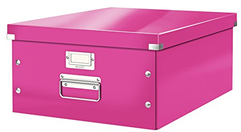 Leitz Click & Store Aufbewahrungsbox mit Deckel Groß, Box für Unterlagen bis A3 im Büro oder Haushalt, Transportbox aus 85 % recycelter Premium-Hartpappe, Stabile Metallgriffe, Pink, 60450023