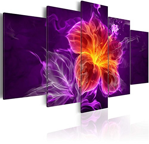 B&D XXL - Wandbilder XXL Abstrakt 200x100cm 5 tlg - Wand Deko Leinwand Bilder Groß Wanddeko Wohnzimmer Schlafzimmer Kunstdrucke - Feuerblume Lilien Flamme Blätter violett orange