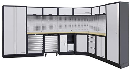 Kraftwerk 3964E 8-Element Werkstattwand mit Rückwand; Eckaufbau, Grau/Anthrazit. Holz Arbeitsplatte freistehend.