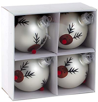 Lifestyle & More Moderne Weihnachtskugeln Christbaumkugeln Glaskugeln Set mit 4 Stück Farbe Silber Motiv Rentier Durchmesser 6 cm