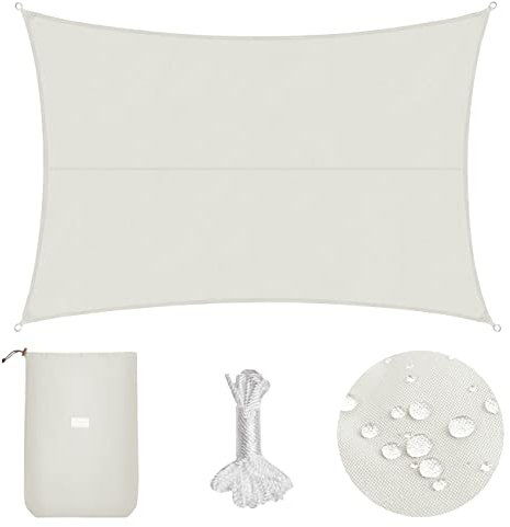 Sekey Sonnensegel Wasserdicht 3x5m Rechteckig PES Polyester, Sonnenschutz 95% UV Schutz Windschutz Reißfest Wetterfest, für Balkon Garten, mit Ösen und Befestigungsseile, Weiß