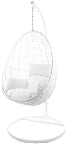 Kideo® Komplettset: Hängesessel mit Gestell & Kissen, Indoor & Outdoor, Poly-Rattan, Lounge (Gestell- und Korbfarbe: weiß, Kissen: weiß Nest (1000 Snow))