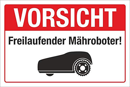 Schild Vorsicht Freilaufender Mähroboter Rasenrobotoer 450 x 300 mm | 3 mm Alu-Verbund, wetterfester UV-Direktdruck, robust und langlebig, Made in Germany