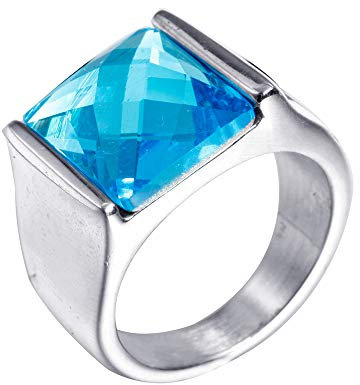 PAURO Herren Edelstahl Diamant Geschliffener Achat Edelstein Ring Mit Polierter Silber Seite, Blau Größe 70