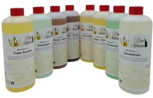 Dufte Momente | Whirlpool Duft 8 x 1 Liter - Cuba Sunset, Eukalyptus, Honig-Mandel, Kokos-Vanille, Lemongras, Orange-Citrus, Polarminze, Sandelholz | mit ätherischen Ölen