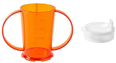 NuHorizons Healthcare Products Two Handled Graduated Beaker with Lid - Pack of 1-200ml Adult Feeder Cup - Drinking Aid (Colour Orange, Wide Spouted Lid)