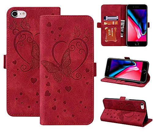 CASAFUNY Hülle für iPhone SE 2022, iPhone SE 2020 Hülle, iPhone 8/iPhone 7 Hülle, PU Leder Handyhülle mit Kartenfach Geld Slot Flip Case Klapphülle Schutzhülle für iPhone 7/8/SE2/SE3, rot