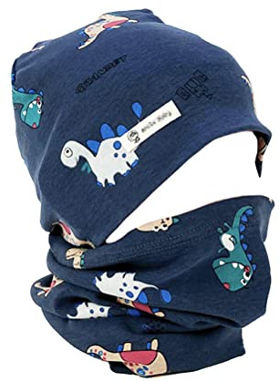 Uniyoung Baby Boys Girls Cotton Beanie Hat and Collar Scarf Set Kids Toddler Warm Skull Cap Scarves Neck Warmer for Spring Autumn Winter (Navy Dinosaurs, 3-6 Years)