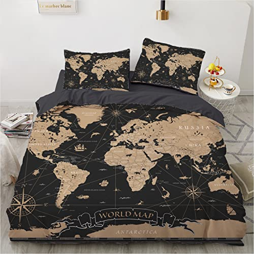 YSWFGE Bettwäsche 135x200 Weltkarte Bettbezug Set Mit Reißverschluss 3D-Druck Cartoon Schwarz Bettwäsche-Set 3 Teilig Hohe Dichte Mikrofaser Bettbezüge Mit 2 Kissenbezug, 135x200cm