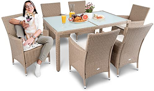 di volio Polyrattan Sitzgruppe Verona - Lounge Gartenmöbel-Set für Garten oder Terrasse, Tisch mit Glasplatte + 6 Stühle - Lounge-Set in Rattan-Optik beige