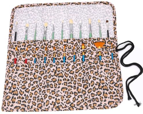 Amoyie Pliable Trousse pour Pinceaux Peinture, Toile Organiseurs pour pinceaux Acrylique, Aquarelle, Gouache et Huile, Estampado Leopardo