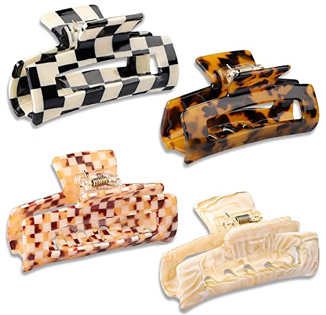 HAYHOI 4PCS Hair Claw Clips, Celluloid French Butterfly Jaw, Tortoise Shell Grip Pin Teeth Clamp-Stylish Accessories for Women Girls Thick Thin Curly Straight Long Hair, Checkerboard, Leopard, White