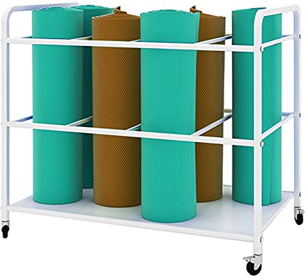 Aufbewahrung von Gymnastikmatte Yogamatte Groß Rollwagen für Yogamatten, Schweres Metall Schaumstoffrollenhalterständer mit Rädern, Haus Garage Studio Fitnessstudio, Hält 12 Matten (Color : White)