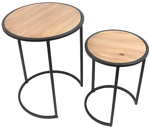 FRANK FLECHTWAREN Beistelltisch Circle, 2er Set, Tischplatte aus Holz, Mattschwarz lackiertes Metallgestell, Maße: Ø 30 x 40 cm, Ø 40 x 50 cm