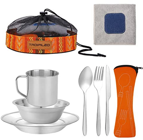 Camping Cutlery Set, 8 Piece Stainless Steel Cutlery Set Including Cutlery Spoons Mug Bowls & Plates Rags, Organizer Straps Easy to Carry for Backpacking, Camping, Hiking and Picnics (Bohemia)
