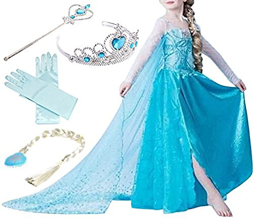 ELSA Eiskönigin Prinzessin Kostüm Kleid Mädchen Kinder mit elsa kostüm Geschenke Accessoires- Perücke,Zauberstab,Krone,Kopfschmuck 120