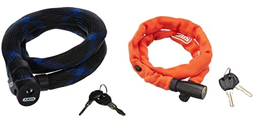 ABUS Panzerkabelschloss Ivera Steel-O-Flex 7200 - Kabelschloss aus Stahlkabel mit Panzer aus Stahlhülsen 110 cm & Kettenschloss 1500 Web – Fahrradschloss aus Spezialstahl – 4 mm Rundkette 60 cm Orange