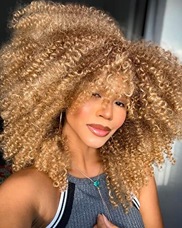 YEESHEDO Afro Short Kinky Curly Wig with Bangs for Women Curly Full Fluffy Wigs for Black Women (Blonde/brown)