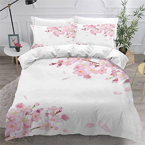 AKATIE Housse de Couette 220x240 Ado Adulte Parure de Lit Fleurs De Cerisier Peinture à L'aquarelle Rose Romantique Japonais Housse de Couette en Microfibre Ensemble de Literie avec Taies d'oreiller