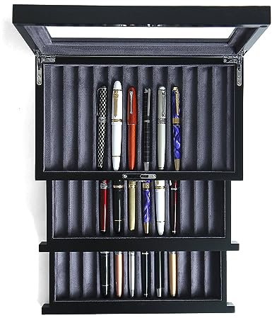 Besforu wood pen display case 36 slot Fountain pen Box storage Organizer with drawer, Top Glass Window Pen Collection Display Case