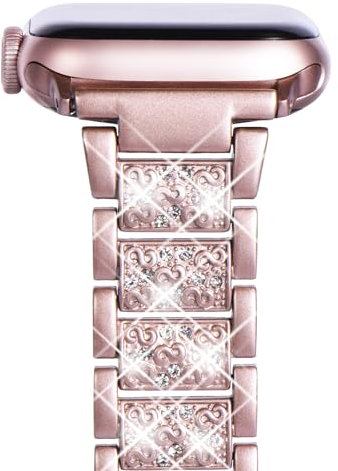 NewWays Compatible with Apple Watch Strap 38mm 40mm 41mm 42mm(Series 10),Women Sparkling Bling Stainless Steel Link Bracelet Replacement Band for iwatch Series 10/9/8/7/6/5/4/3/2/1/SE,Pink