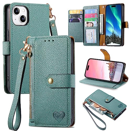 VEEMOS Zipper Wallet Case for Apple iPhone 13 Phone Case with Purse Card Holders RFID Blocking Leather Flip Case Book Cover Wrist Strap Women - Green