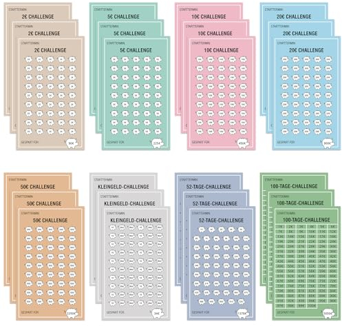 WenmthG - A6 Sparchallenge Budgetplaner (24er Set) - 8 Sparchallenges - Budget Planner Deutsch Zubehör - Spar Challenge Set mit 2€ | 5€ | 10€ | 20€ | 50€ | Kleingeld | 52 TAGE | 100 TAGE
