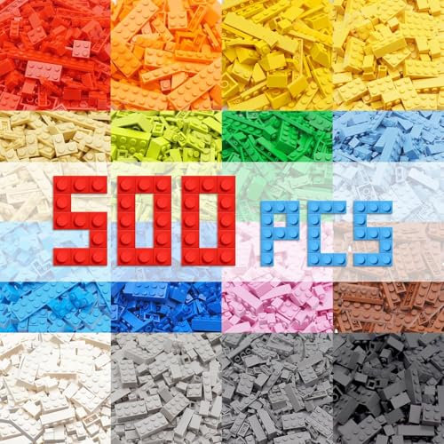 HIUME Building Bricks Classic 500 Pieces Kids Building Blocks Box Compatible with Construction Building Blocks, 12 Colors 14 Bulk Shapes, S080.