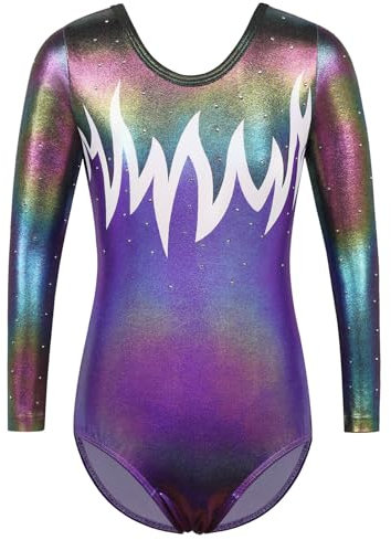 ZNYUNE Turnanzug mädchen 3/4 Langarm Tanzkostüme Bunt Stoffdruck Glitzersteine Gymnastikanzug B343 WhitePurple 12A