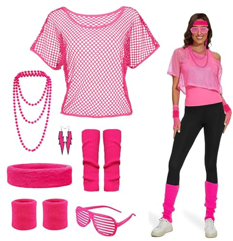 DGUSO Déguisement Année 80, Deguisement Annee 80 Femme Accessoires Annee 80 Déguisement Années 80 T-Shirt en Maille, Bandeau, Boucles d'Oreilles, Costume Annee 80 pour Thème Fête Femmes (Rose)