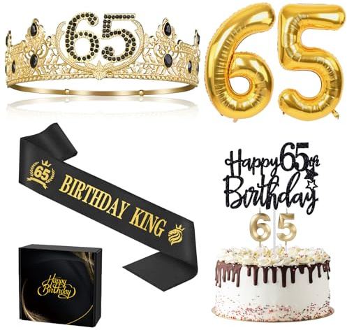 65th Birthday Gifts for Men, 65th Birthday Decorations for Men, Party Decor Supplies Including King Crown & Sash & Balloons & Cake Topper & Candles