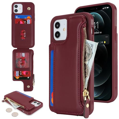 SailorTech per iPhone 12 Custodia per telefono con porta carte di credito per uomo, iPhone 12 Pro Custodia con slot per carte di credito Portafoglio Zipper per donna-Borgogna