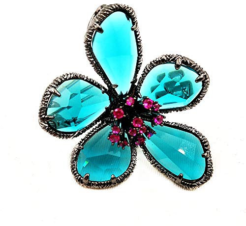 Weiping - Designer Antique Argent Encadré Rose Chaud Pistil Turquoise Bleu Strass Fleur Broche for Femmes Mode