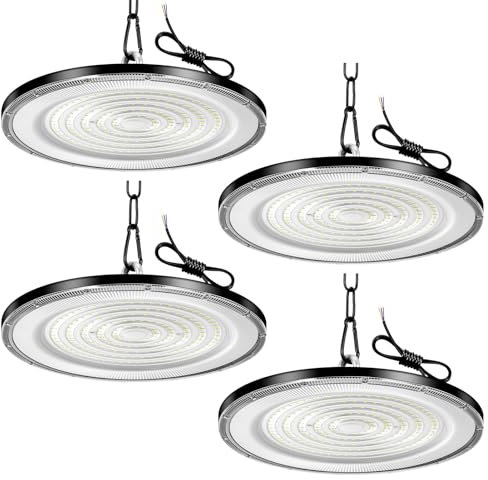 Viugreum 4 Packs UFO LED 300W, Projecteur LED Exterieur 30000LM, Blanc Froid 6500K, AC 85-265V IP65 Étanche Eclairage Atelier, Led Industriel UFO avec Chaîne pour Factory Workshop Gym