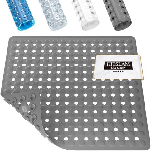HITSLAM Alfombra Ducha Antideslizante 53x53cm, Cuadrada Alfombrilla Ducha Antideslizante con Ventosas, Lavables a máquina Alfombrilla Baño Libre de BPA Resistente al Moho, Gris