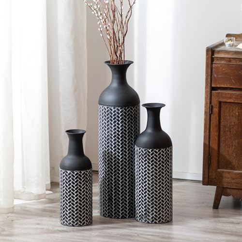 Sziqiqi Grand Vase de Sol Noir: 68/51/41 cm Hauteur Métal Vases Set de 3 Grand Vase a Poser au Sol pour Salon Vintage Vases de Sol pour Cheminée Couloir Coin Bureau