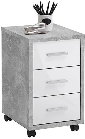 CINDERFUL Schubladenschrank auf Rollen Betonoptik Hochglanz-Weiß,Hochwertiger Bürocontainer mit Rollen und Schubladen für Büro und Arbeitszimmer Büroschränke & Ablagen