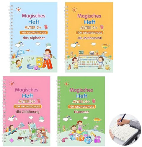 YUGUOLAN 4 Stück Handschrift übungsset Kinder, Magische Vorschule übungshefte, Magisches Heft, Deutsch Magisches Heft, Für Kinder Kalligraphie, Zahlen, Zeichnung, Buchstaben Schreiben Lernen